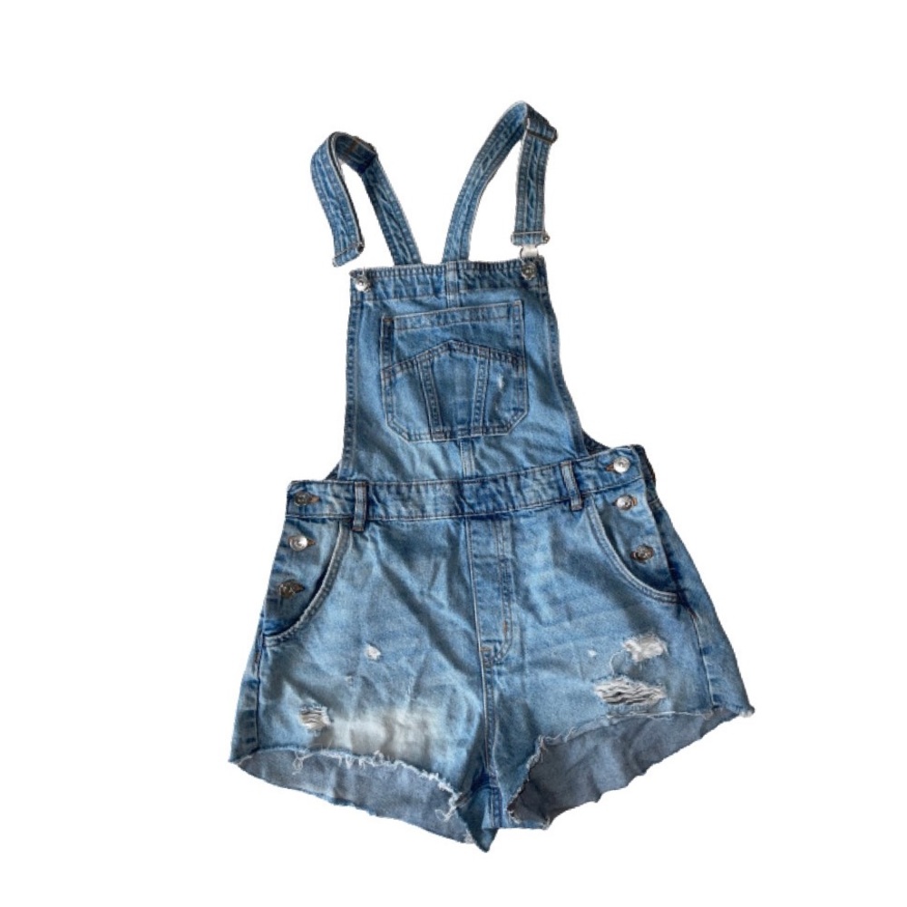 H&M light wash, distressed overalls.